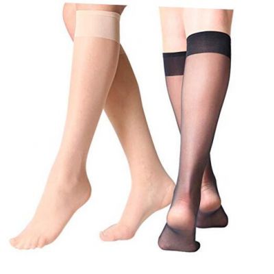 12 Pairs Lady's Sheer Knee High Stockings for Women One Size Black and Nude